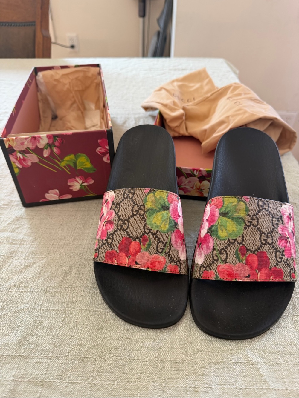 Gucci Black Slides with Pink & Green Floral GG Strap